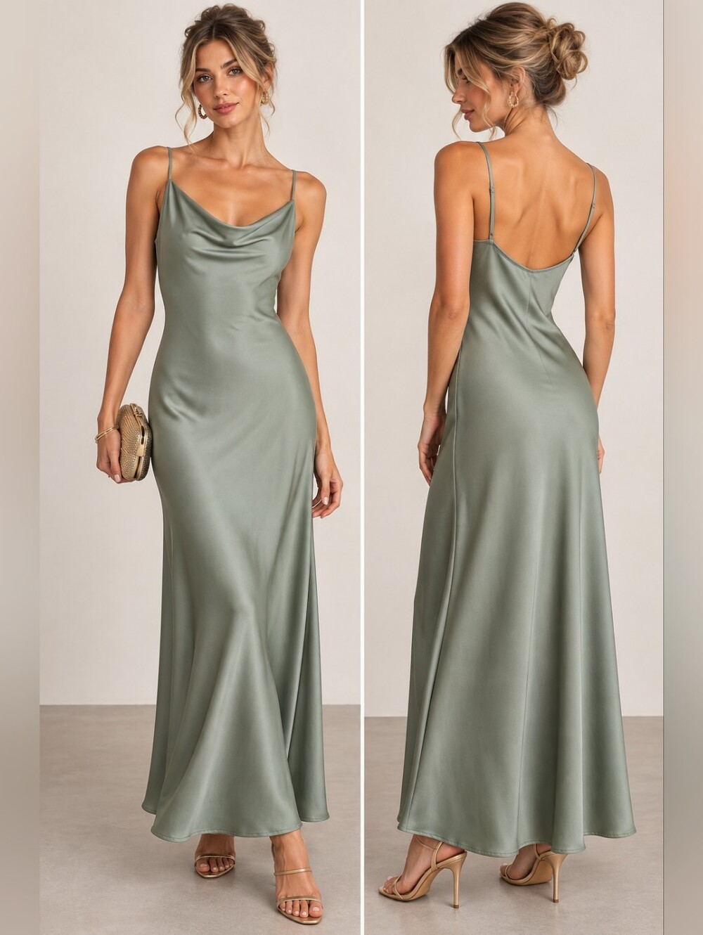 H&M SAGE GREEN SATIN COWL NECK MAXI SLIP DRESS SIZE M
